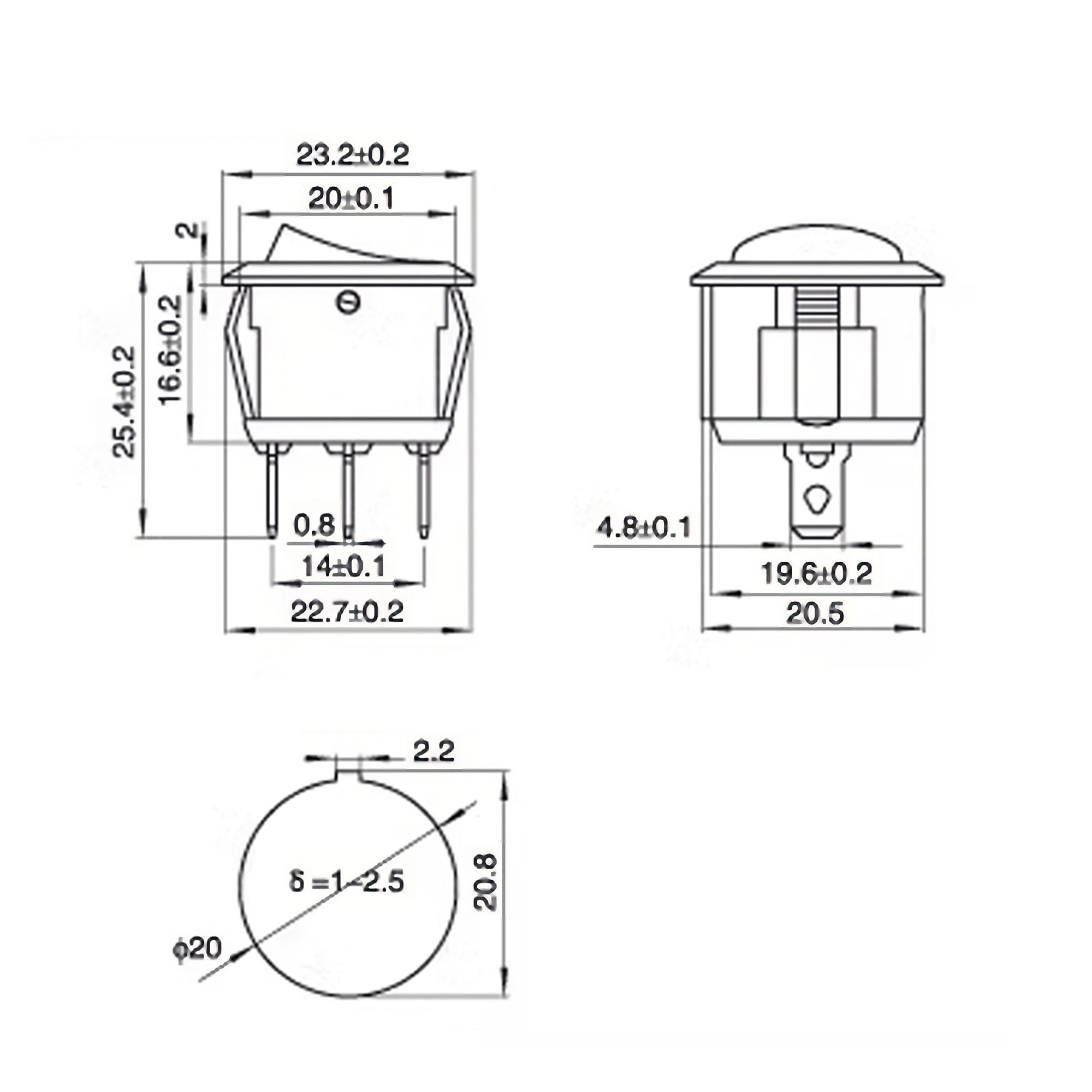 Kích thước công tắc bập bênh tròn KCD1-3 20mm