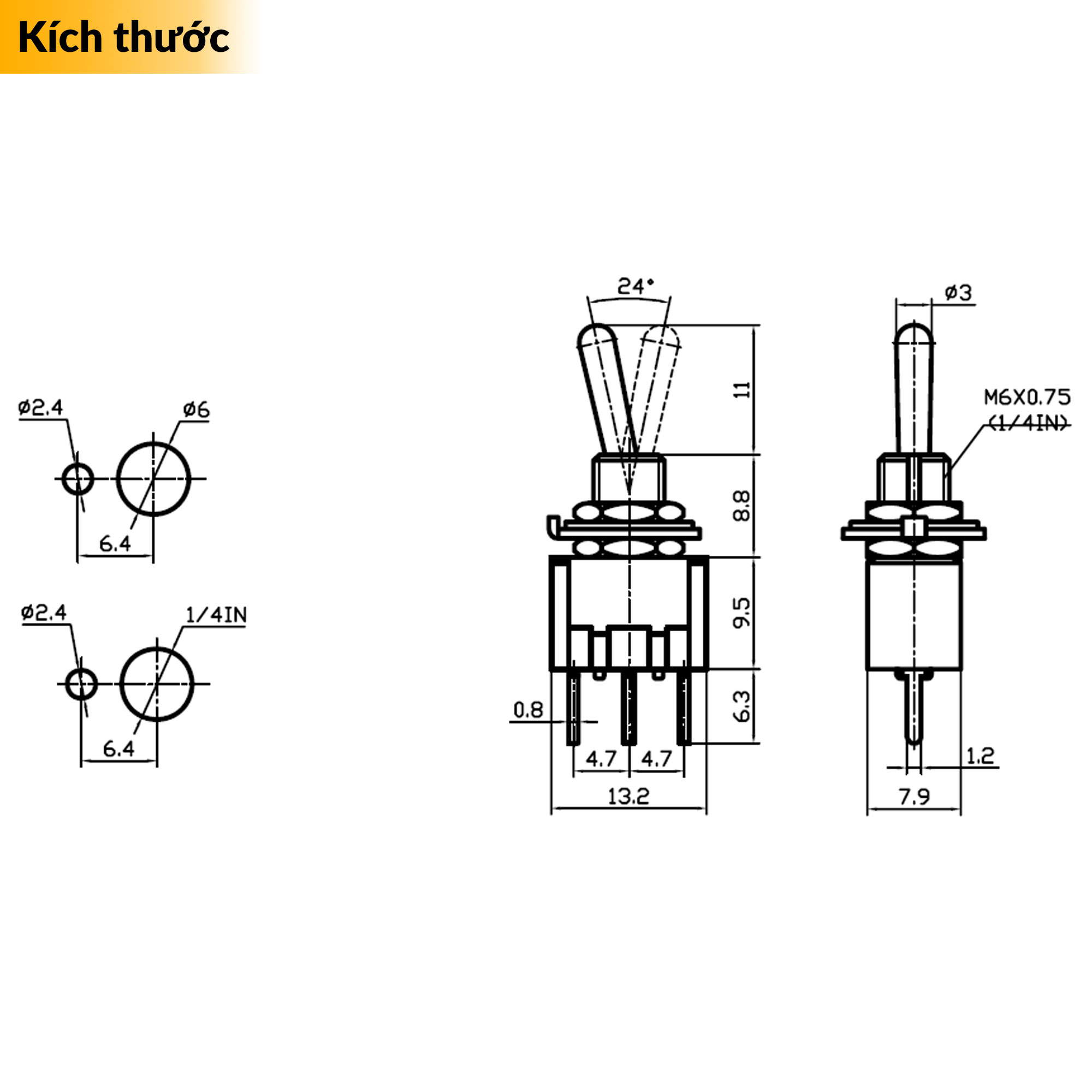 Kích thước Công tắc gạt 3 chân 6A MTS-103 MTS-102