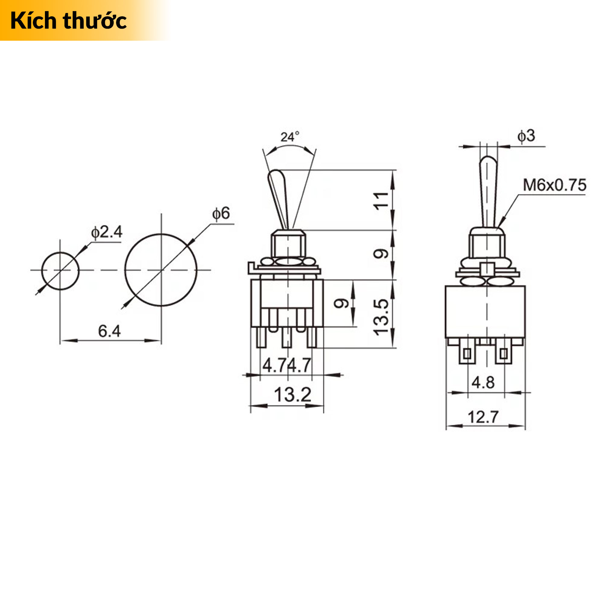 Kích thước Công tắc gạt 6 chân 6A MTS-202 MTS-203