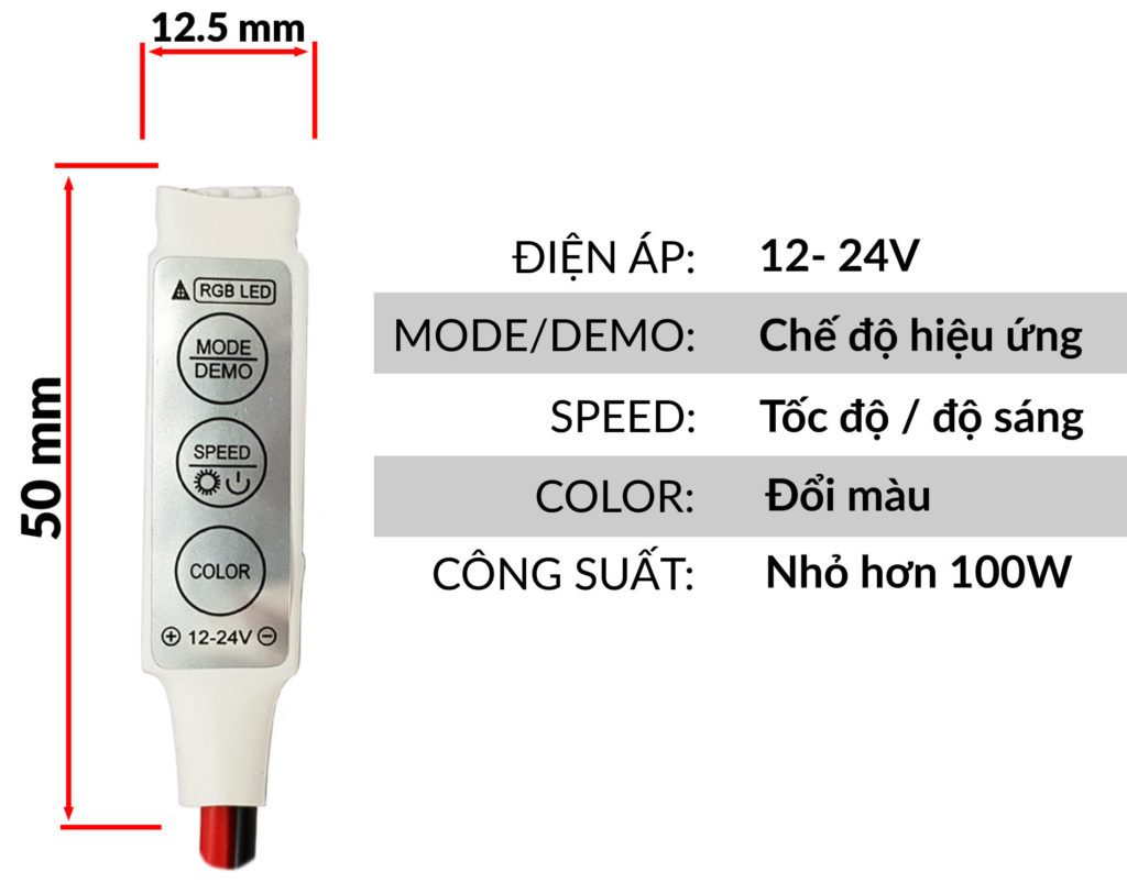 Kích thước của Mạch điều khiển led RGB 12VDC
