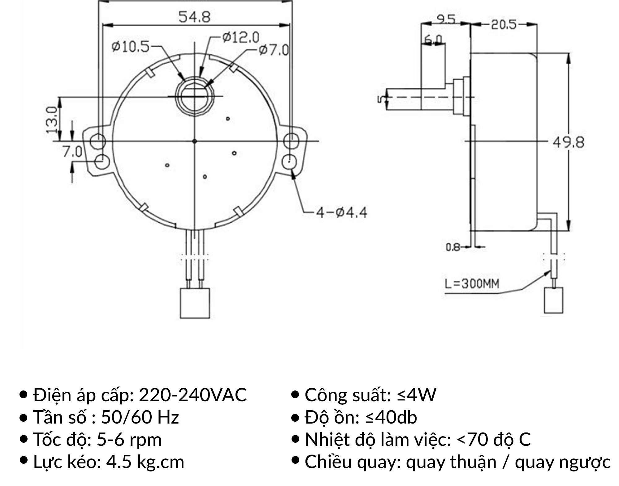 Kích thước động cơ giảm tốc AC 220V 5rpm 4W