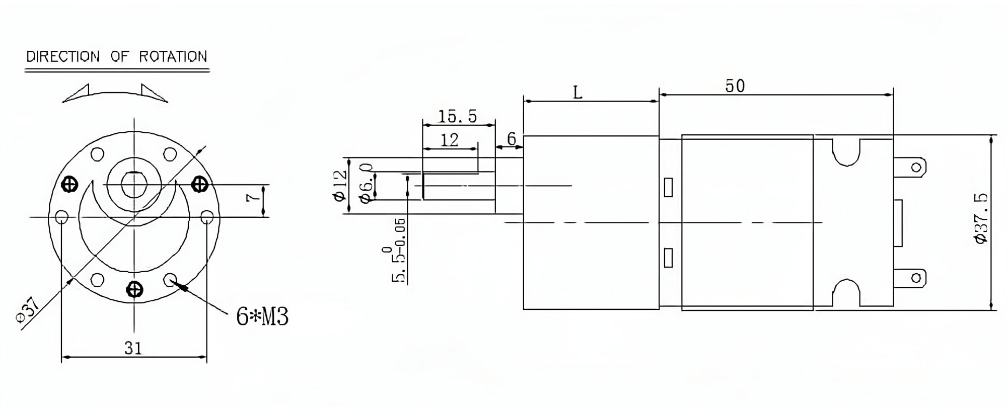 Kích thước động cơ giảm tốc JGB37-545 12V 200rpm