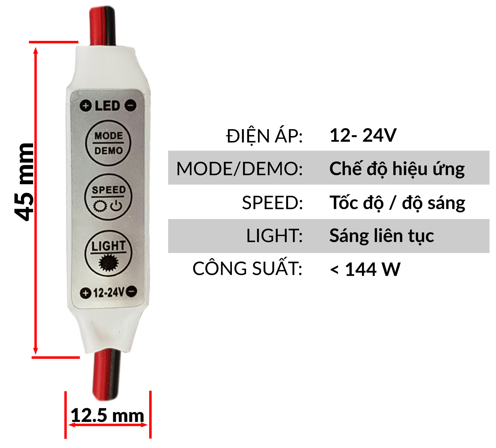Kích thước Mạch điều khiển led đơn sắc 12~24VDC