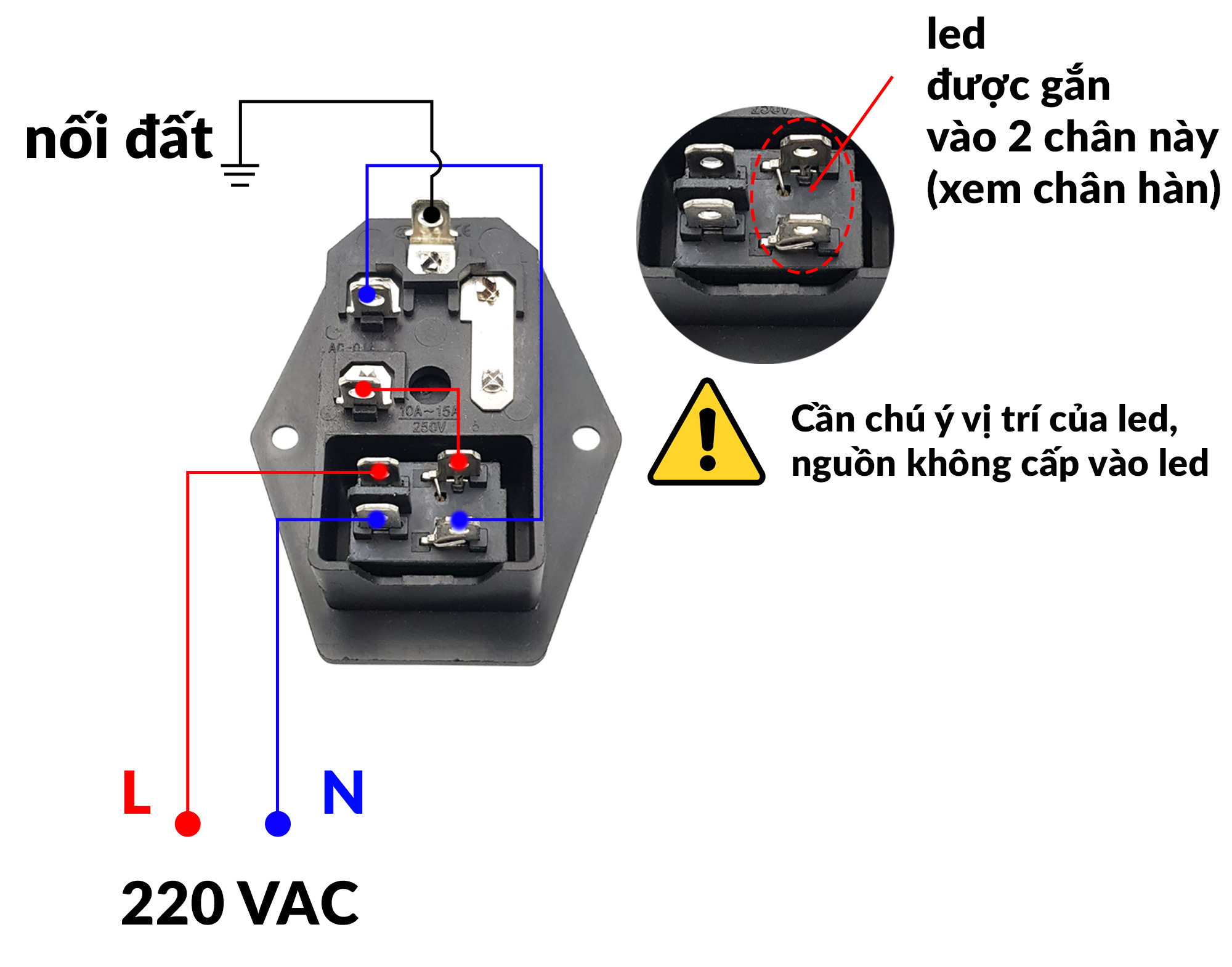 Ổ cắm dây nguồn AC-01A 15A/250V tích hợp công tắc