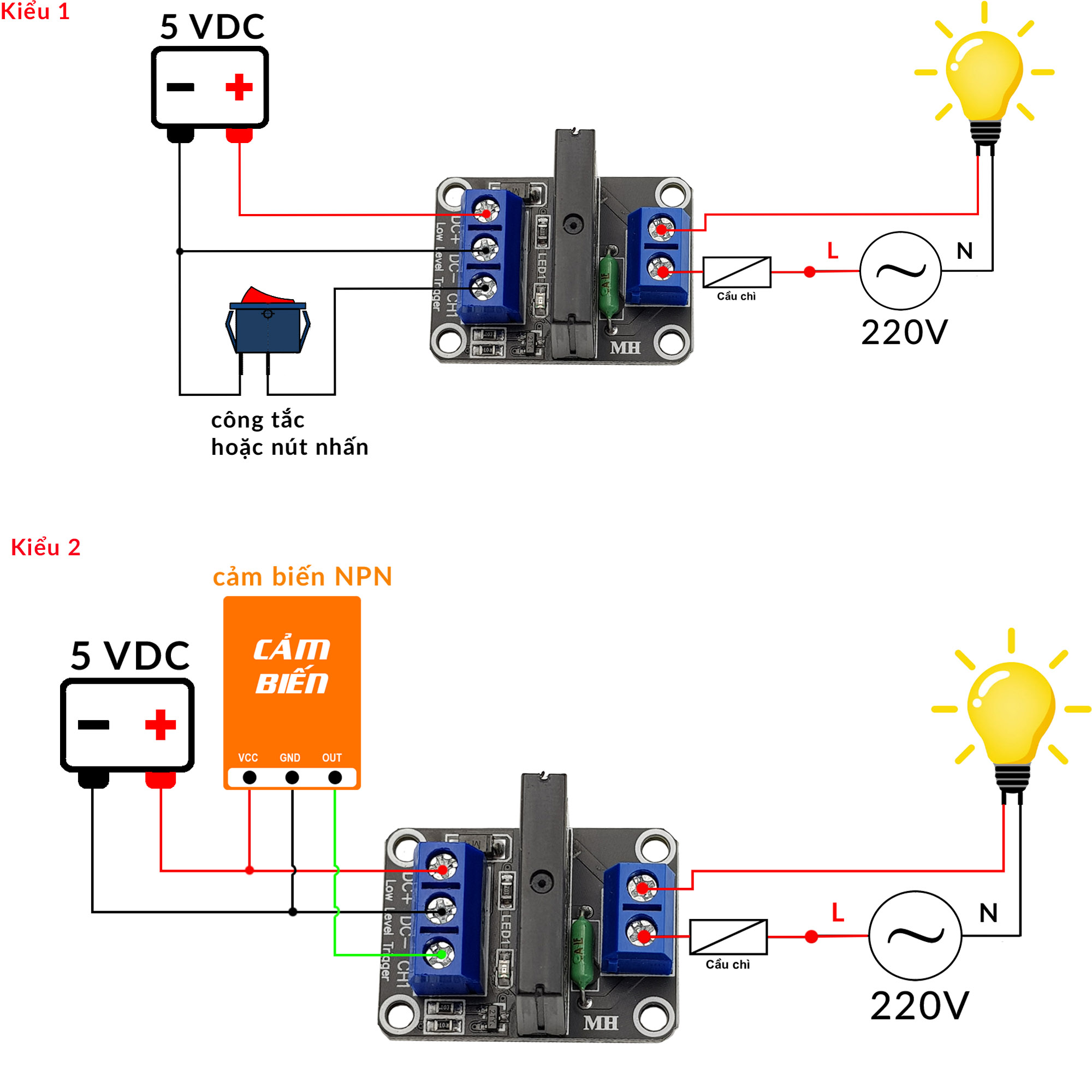 Sơ đồ kết nối Module 1 Relay Rắn SSR (5VDC)
