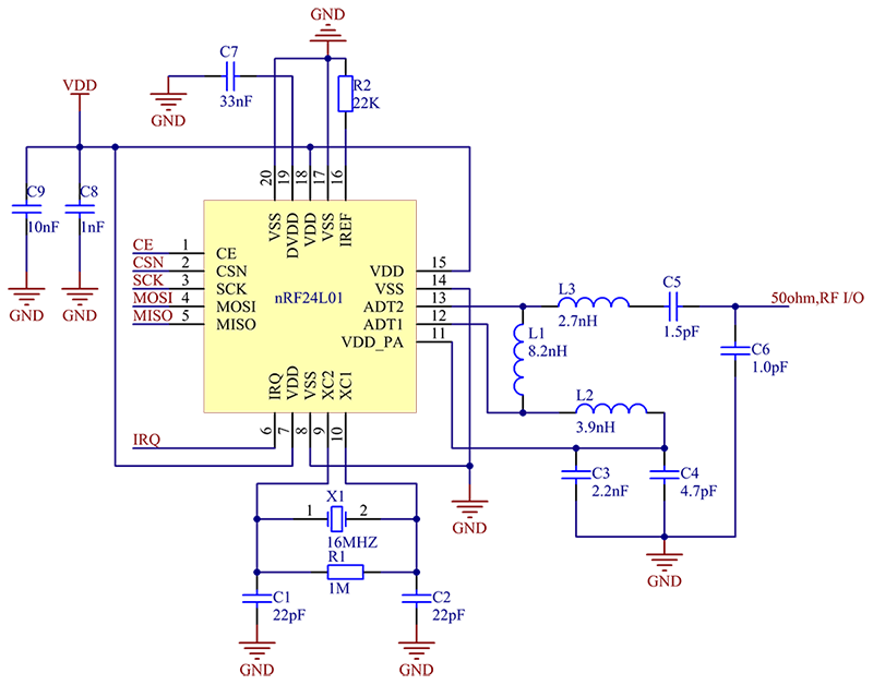 Sơ đồ mạch Module thu phát RF NRF24L01 2.4Ghz