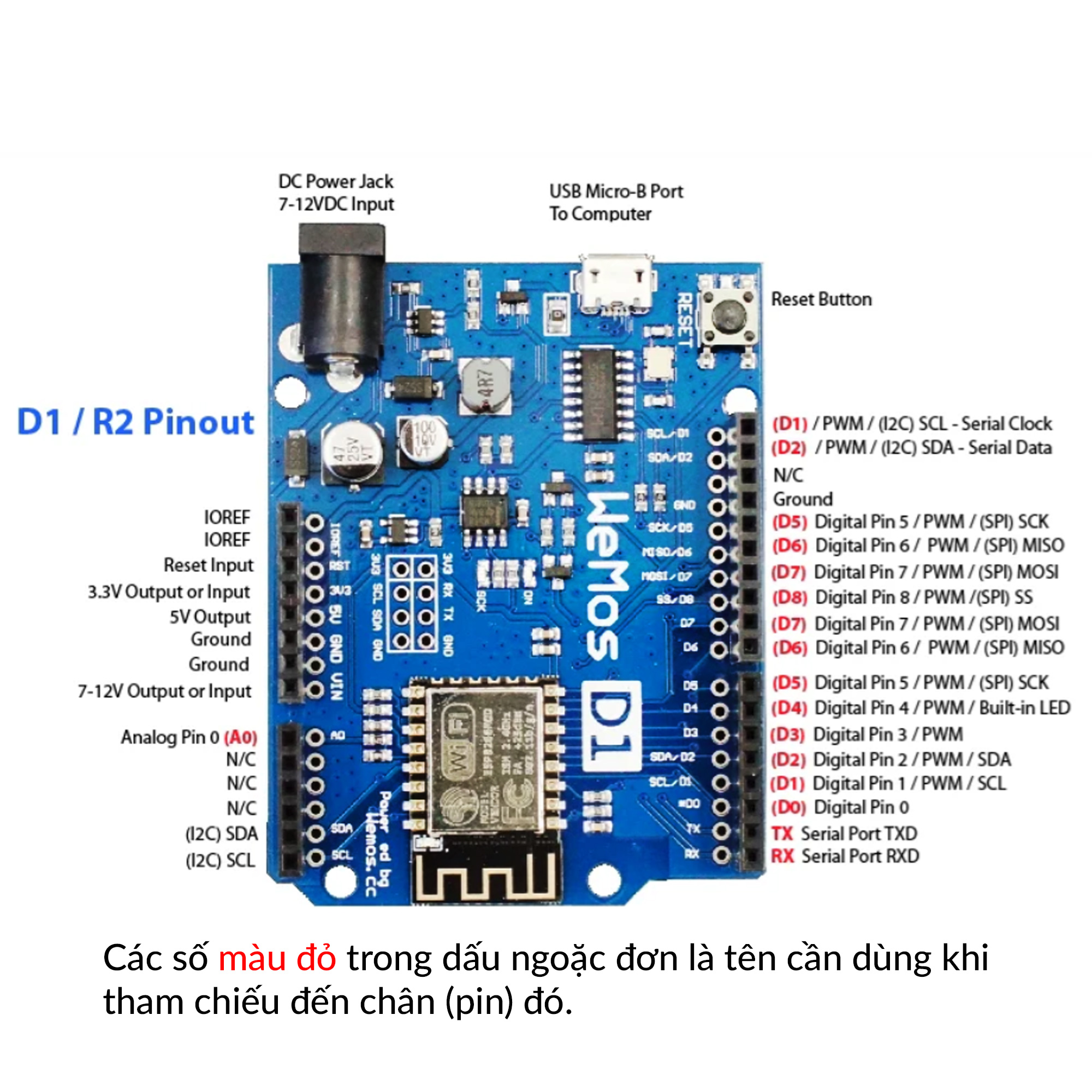 Sơ đồ ra chân của Kit Arduino Wifi ESP8266 NodeMCU Lua WeMos D1 R2
