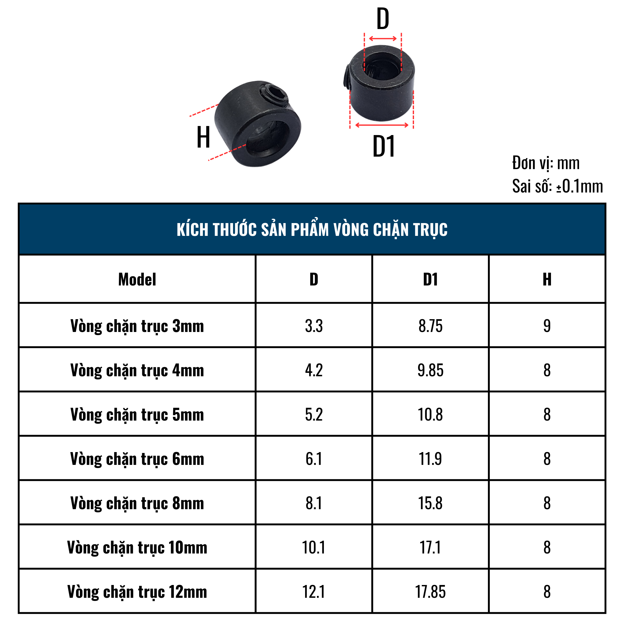 Kích thước Vòng chặn trục 3mm 4mm 5mm 6mm 8mm 10mm 12mm