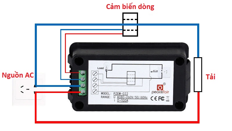 Sơ đồ kết nối của Đồng hồ đo điện áp, dòng, công suất, mức năng lượng, tần số, hệ số công suất AC 100A