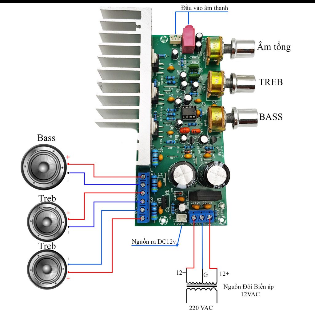 Sơ đồ đấiu nối Kích thước của Mạch khuếch đại âm thanh công suất cao TDA2050 + TDA2030