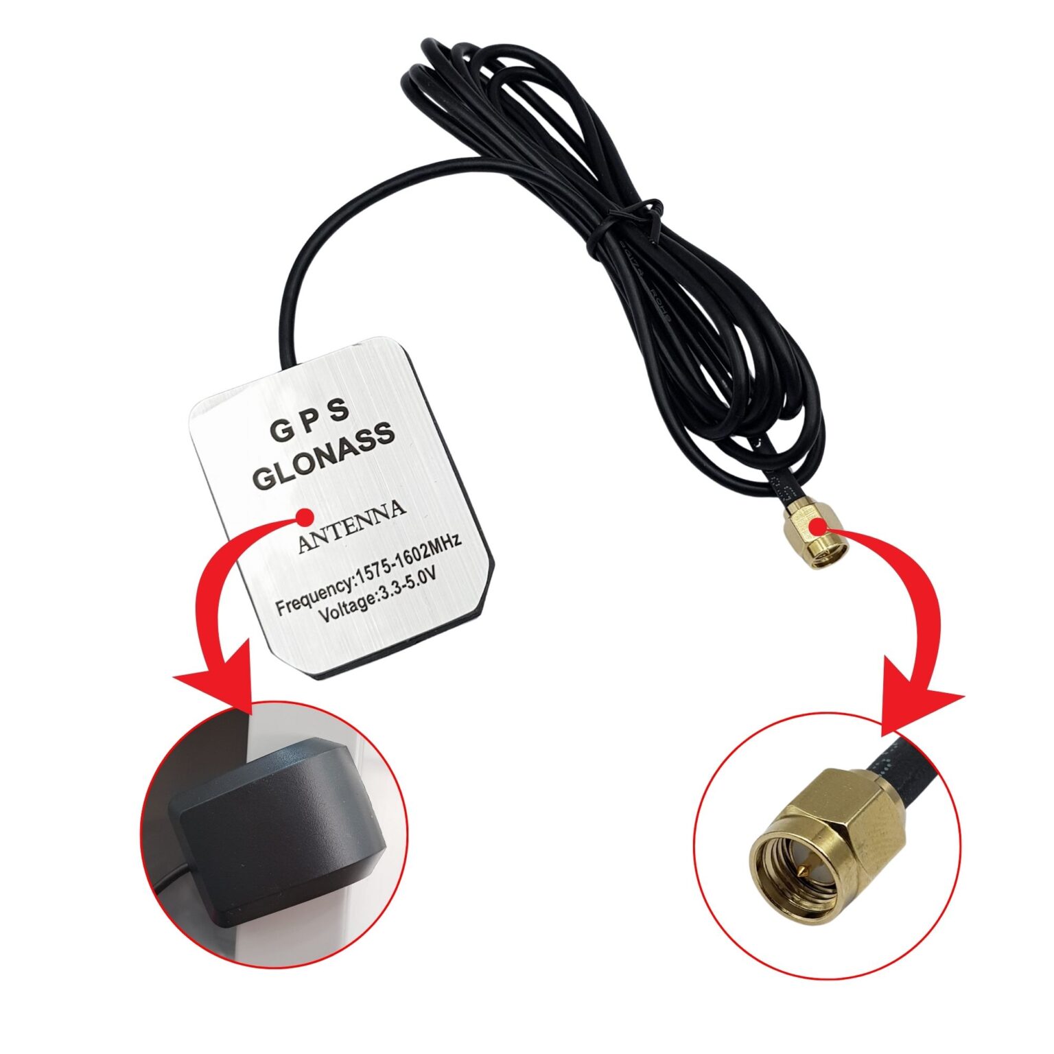 Antenne GPS Magnétique Amplifiée - Gain élevé, Câble De 16.5 Pieds (5m) Avec Connecteur SMA, Fréquence 1575 MHz, NEUVE