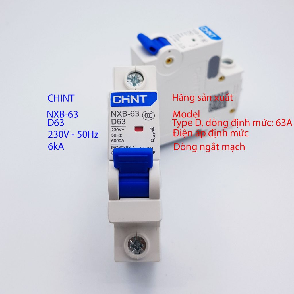 Hình ảnh, thông số trên thiết bị của MCB 1P 6kA CHINT NXB-63 loại D63