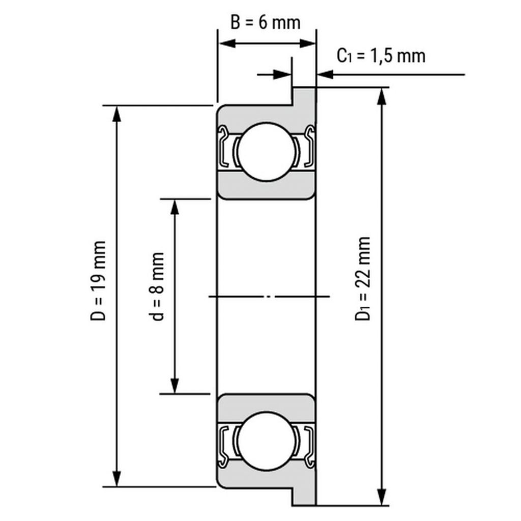 Kích thước của Vòng bi, bạc đạn F698zz 8mm x 19mm x 6mm