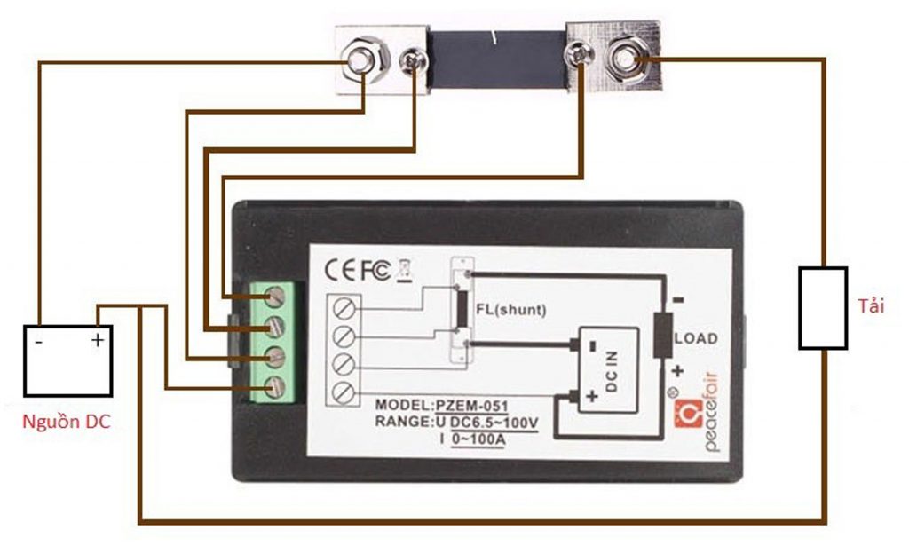 Sơ đồ kết nối của Đồng hồ đo dòng, áp, công suất, mức năng lượng DC kèm trở Shunt 50A (hoặc 100A)