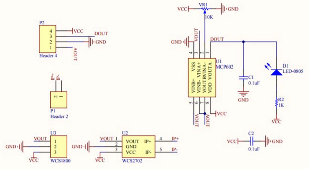 Sơ đồ nguyên lý của Cảm biến dòng điện DC/AC Hall 35A WCS1800