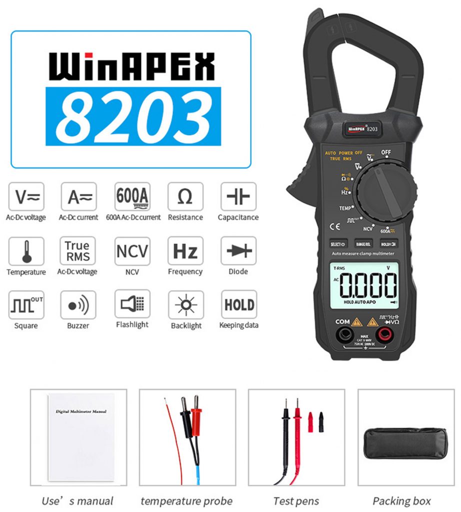 Đồng hồ ampe kìm tự động WinAPEX 8203 bao gồm các phần như trên
