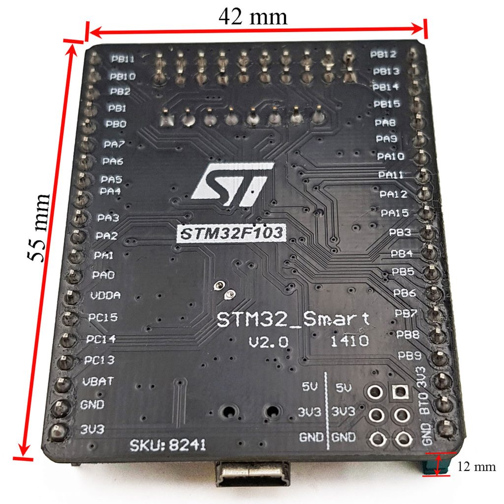 Kích thước mạch Development Board ARM STM32F103C8T6 V2