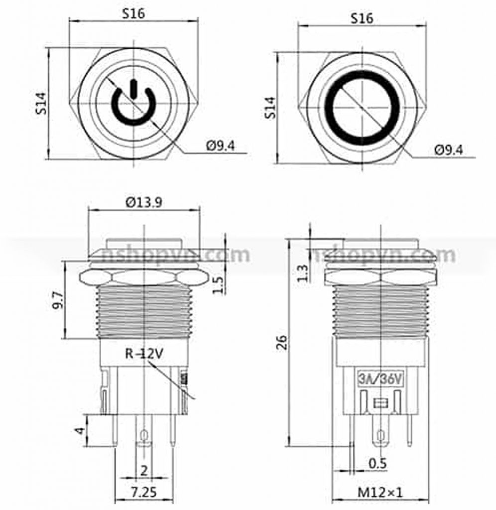Kích thước Nút nhấn tự giữ kim loại 12mm trắng