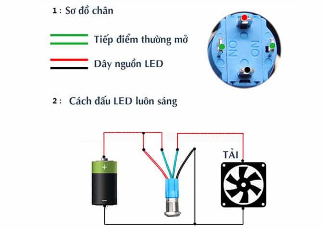 Sơ đồ đấu nối Nút nhấn tự giữ kim loại 12mm xanh dương