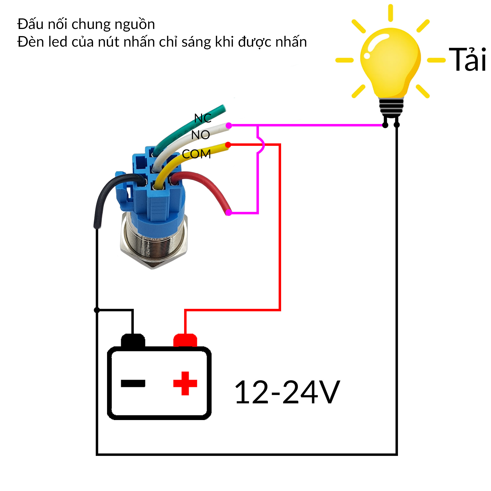 Sơ đồ đấu nối nút nhấn kim loại có sử dụng đế