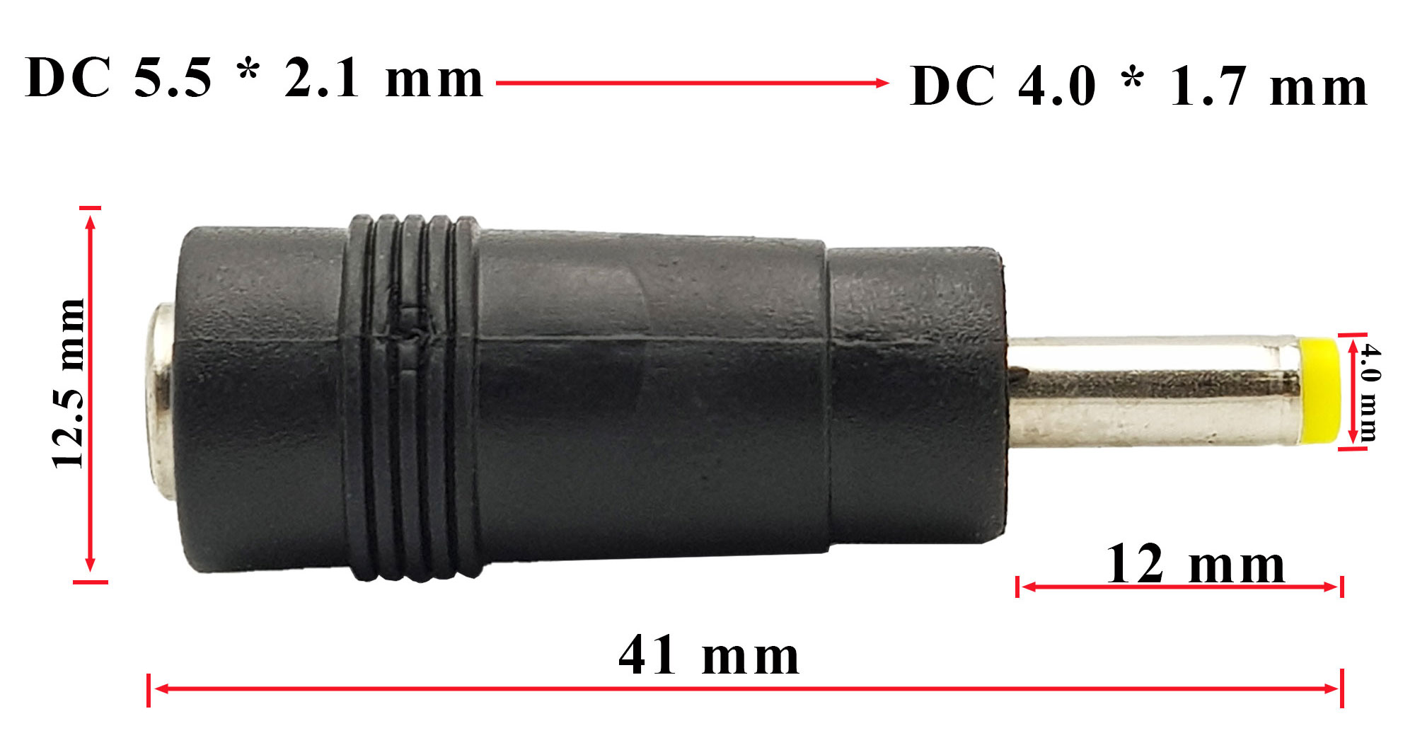 Kích thước Đầu chuyển đổi DC 5.5x2.1mm sang DC 4.0x1.7mm