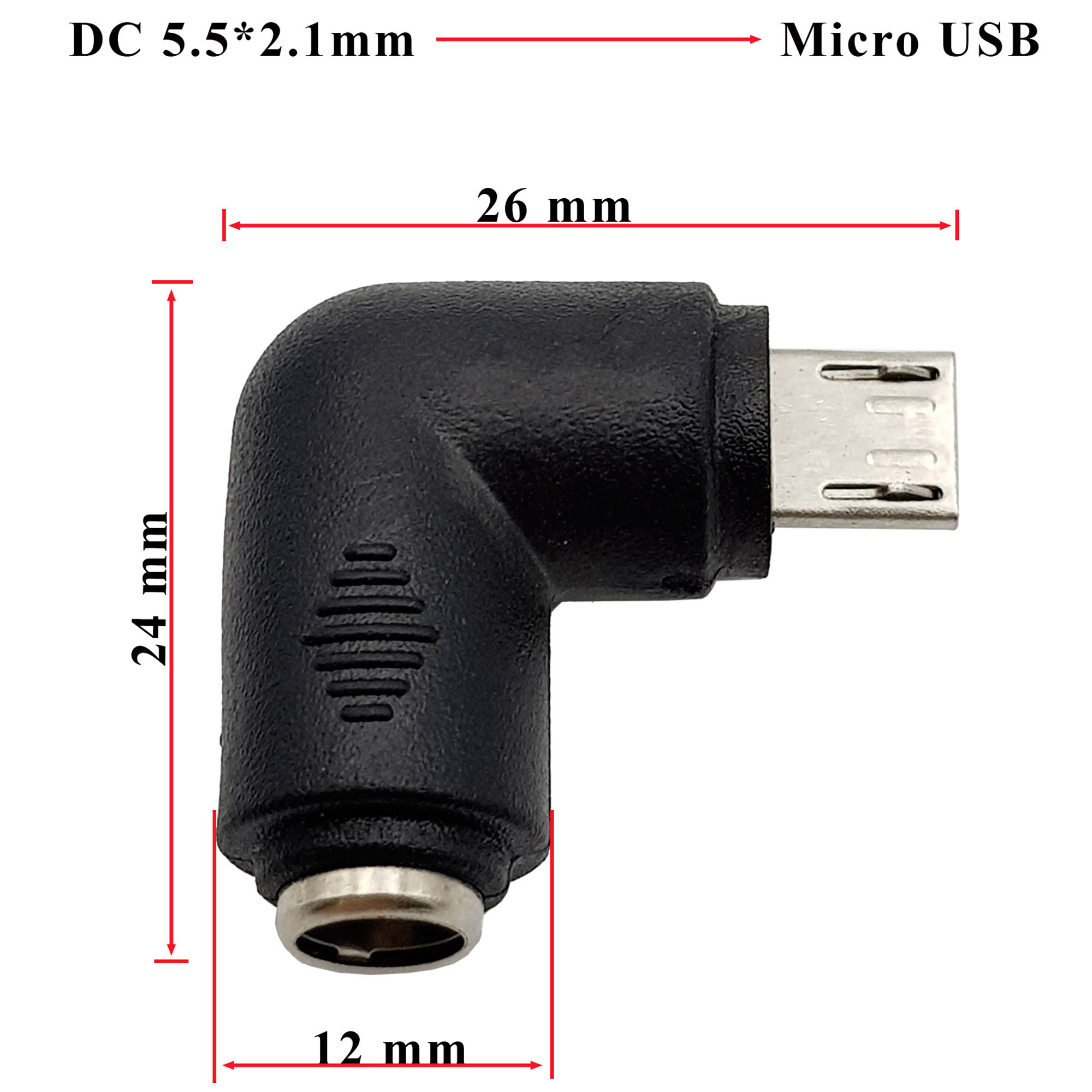 Kích thước Đầu chuyển đổi DC 5.5x2.1mm sang Micro USB vuông góc