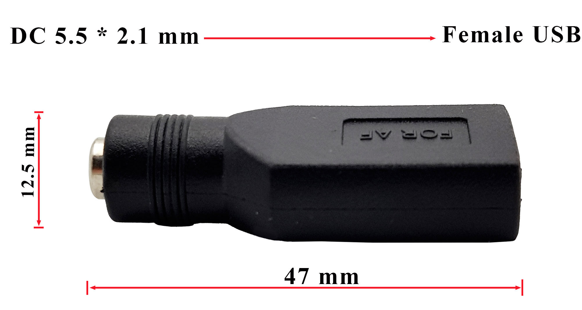 Kích thước Đầu chuyển đổi DC 5.5x2.1mm sang USB cái