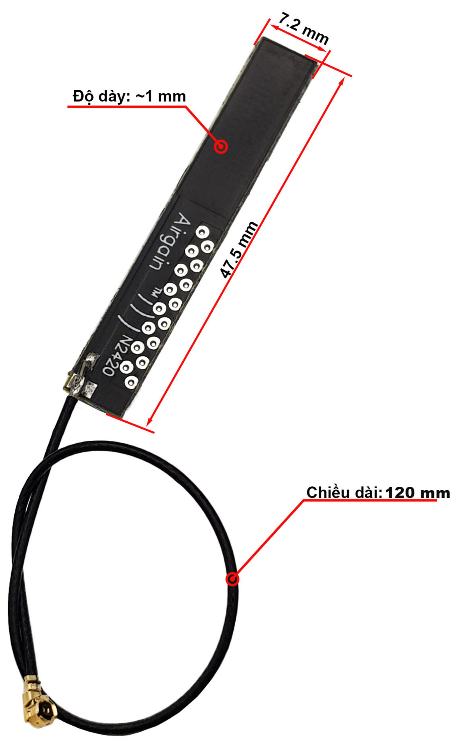 Kích thước Anten 2.4G PCB 4 dBi chuẩn IPEX