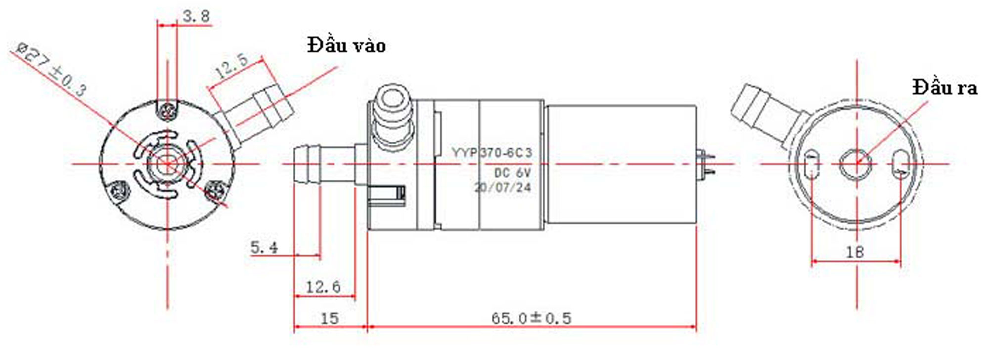 Kích thước của Động cơ bơm nước mini tự mồi YYP370-12C3 12VDC