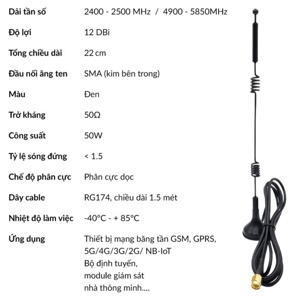 Anten WiFi băng tần kép 2.4G 5G, anten cốc hút 5.8Ghz 12dBi SMA