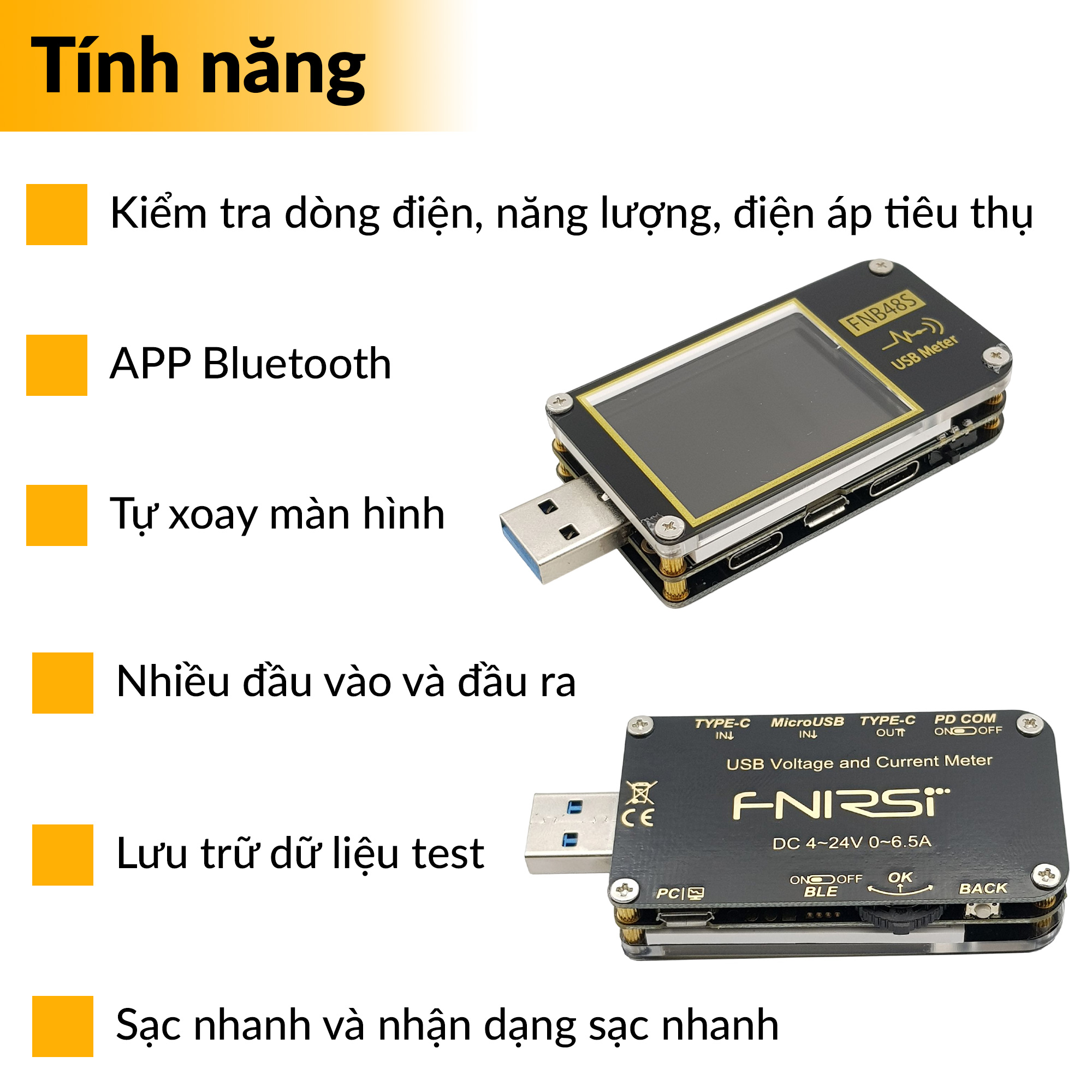 Tính năng USB Tester kiểm tra đa năng FNB48S chính hãng FNIRSI