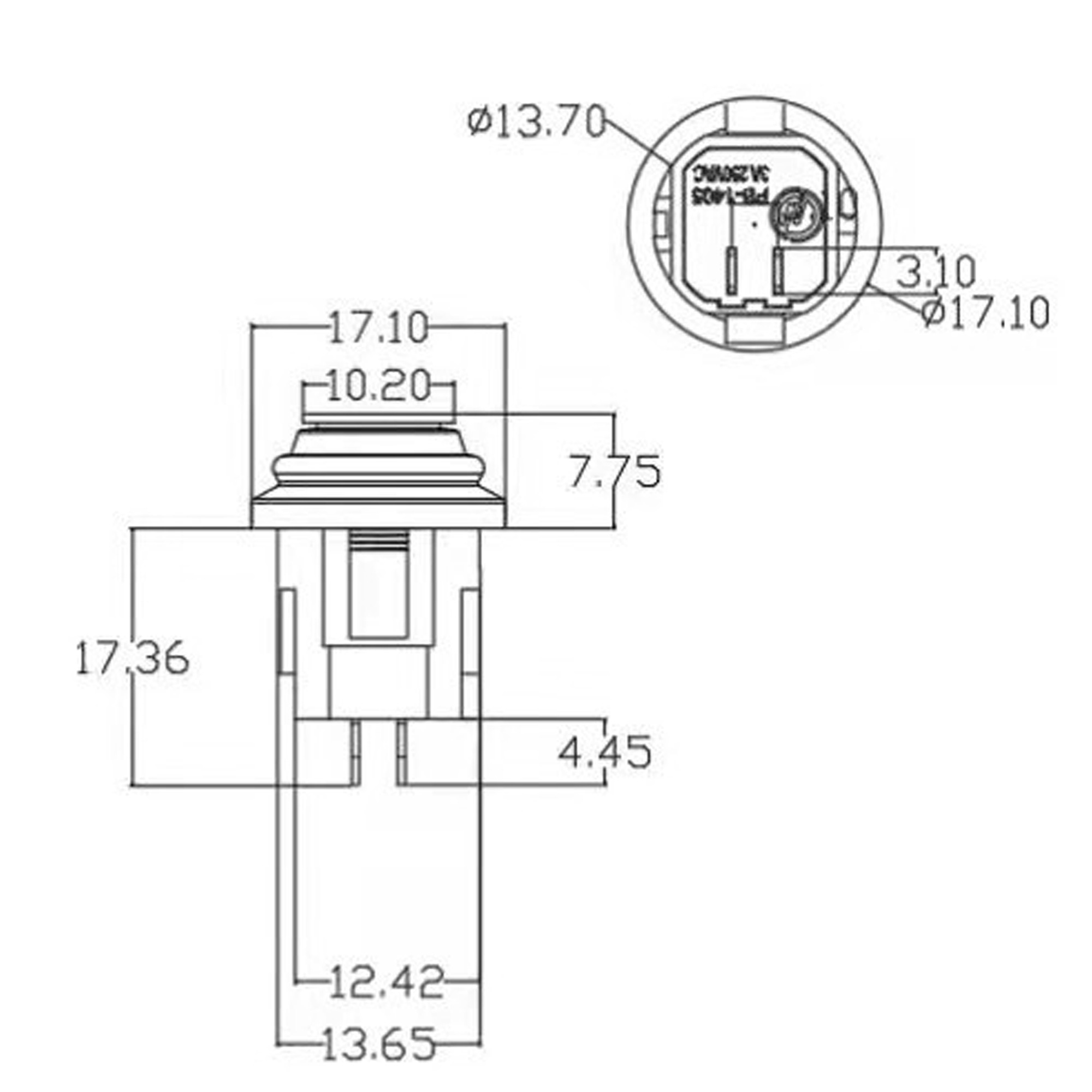 Kích thước Nút nhấn nhả chống nước chống bụi 14mm PB-1405
