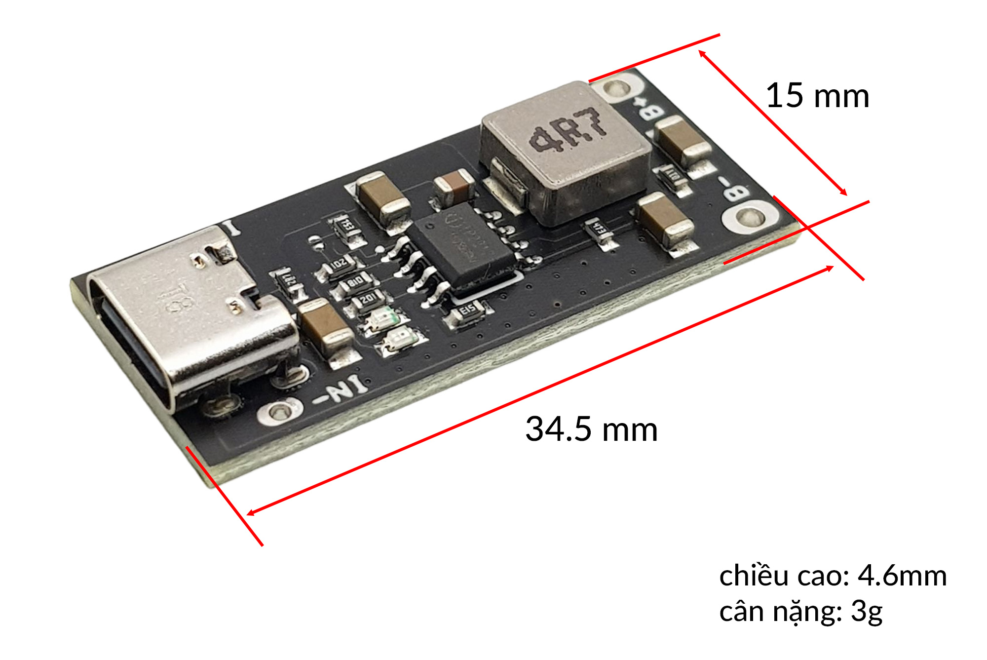Kích thước Mạch USB Type-C 3A IP2312 Sạc Nhanh Pin Lithium
