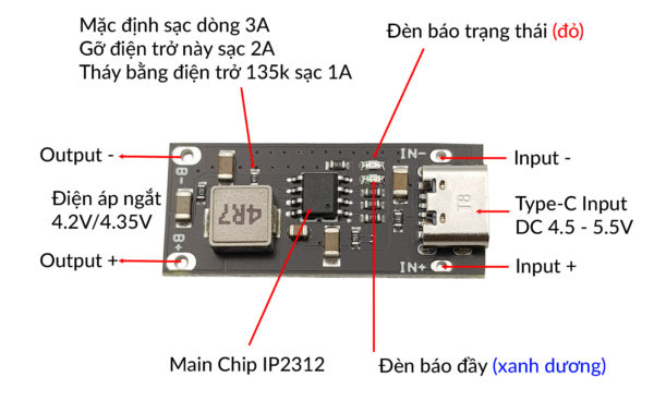 Mạch USB Type-C 3A IP2312 Sạc Nhanh Pin Lithium