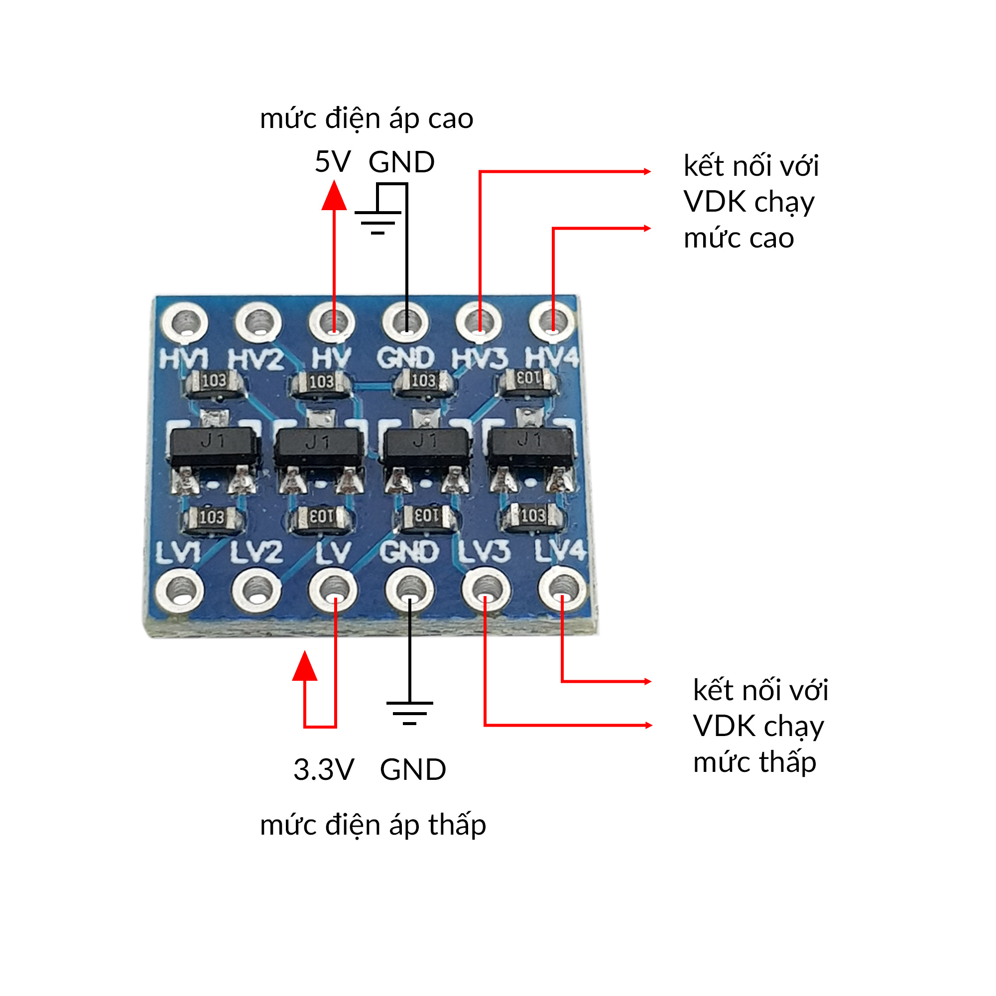 Đấu nối mạch chuyển mức tín hiệu 4 kênh 3.3V/5V IIC UART SPI