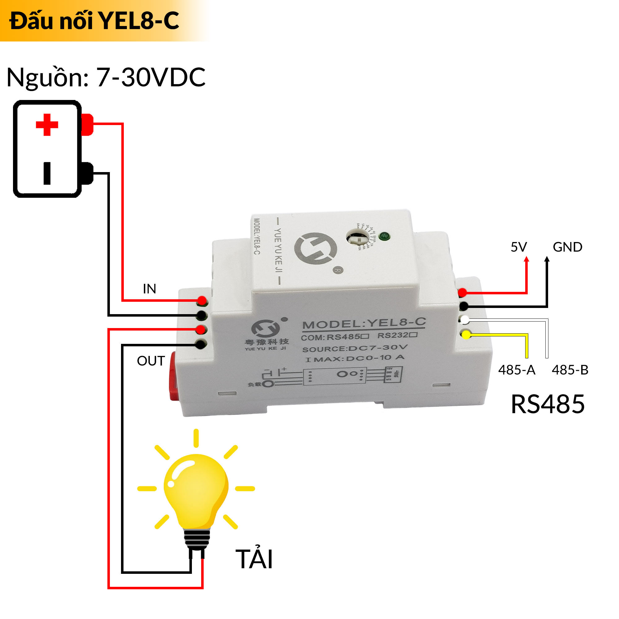 Đấu nối module đo dòng điện một chiều 0-10A YEL8-C RS485