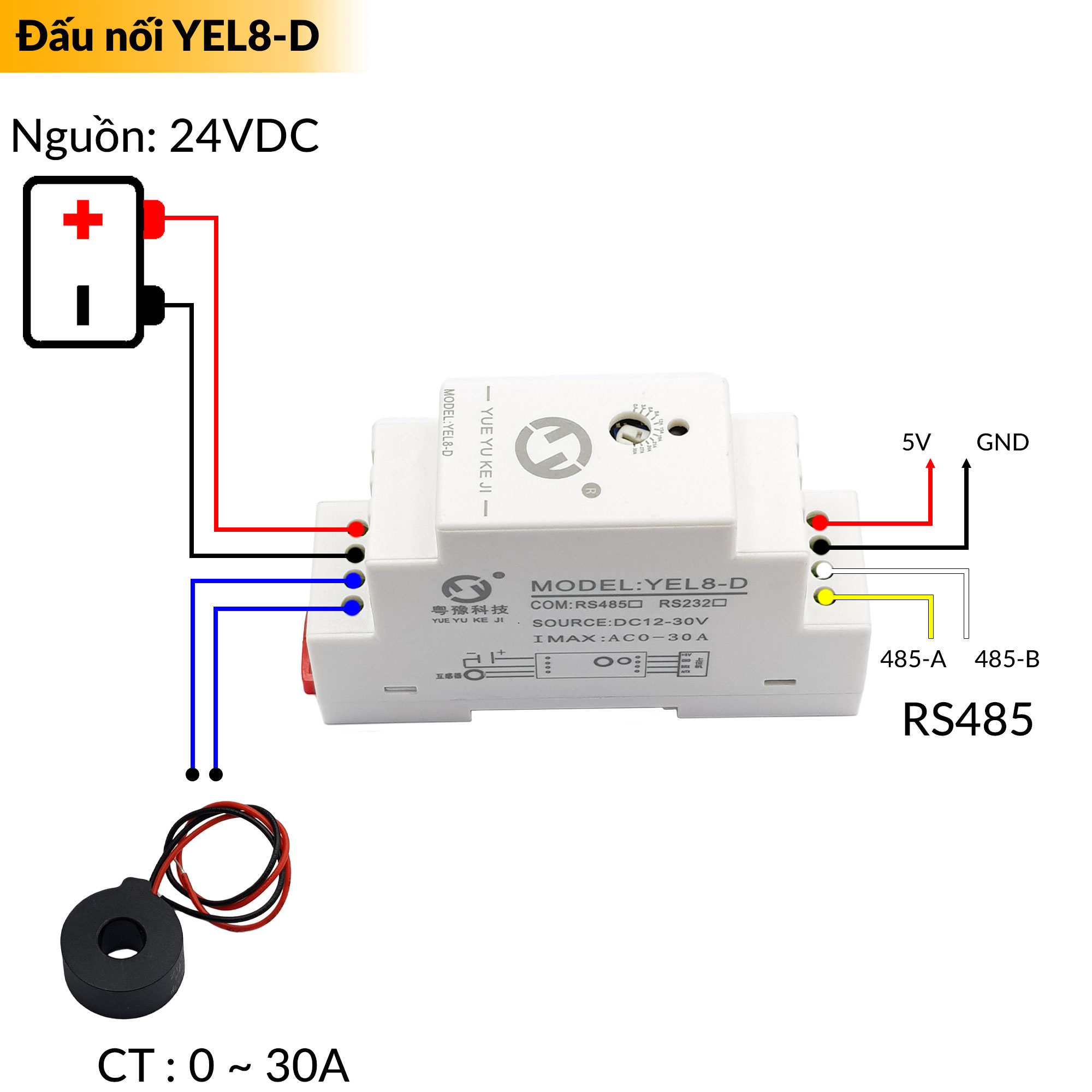 Đấu nối module đo dòng điện xoay chiều 0-30A YEL8-D RS485