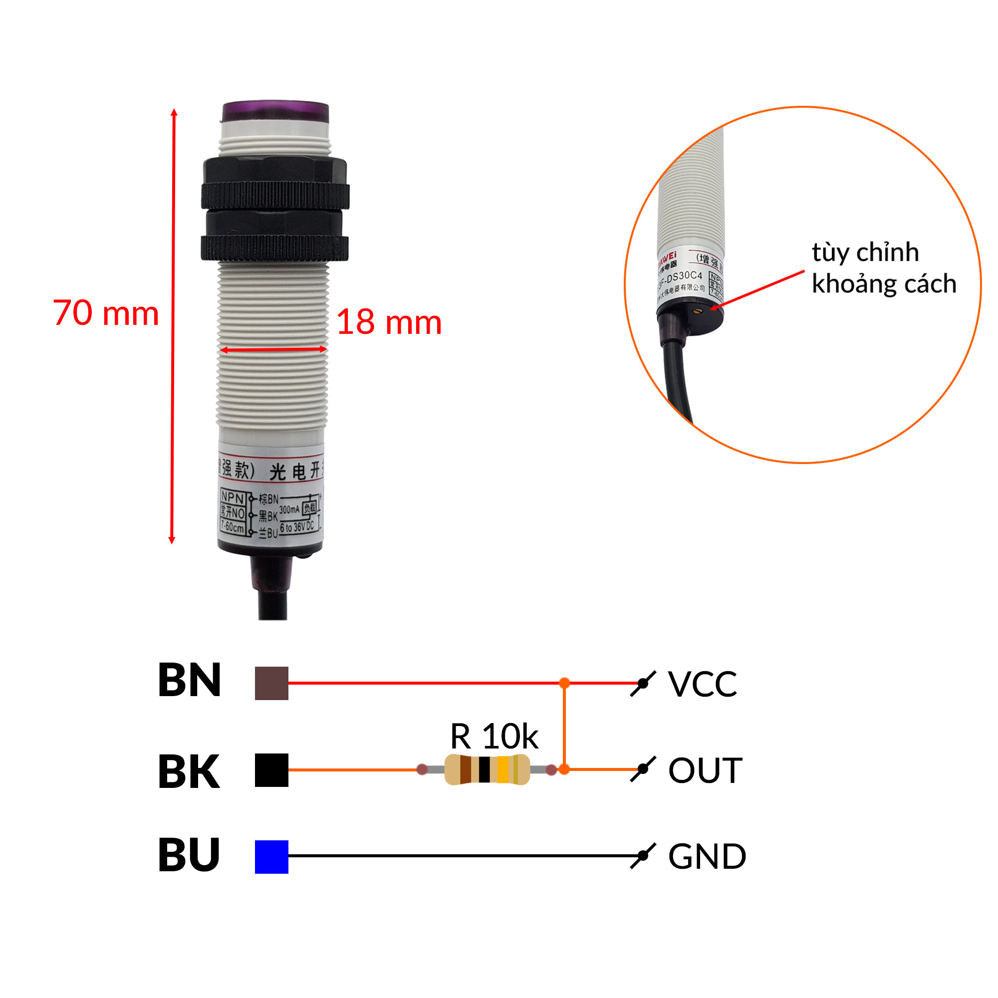 Thông số cảm biến hồng ngoại vật cản BKF-DS30C4 NPN 6-36V 7-60cm