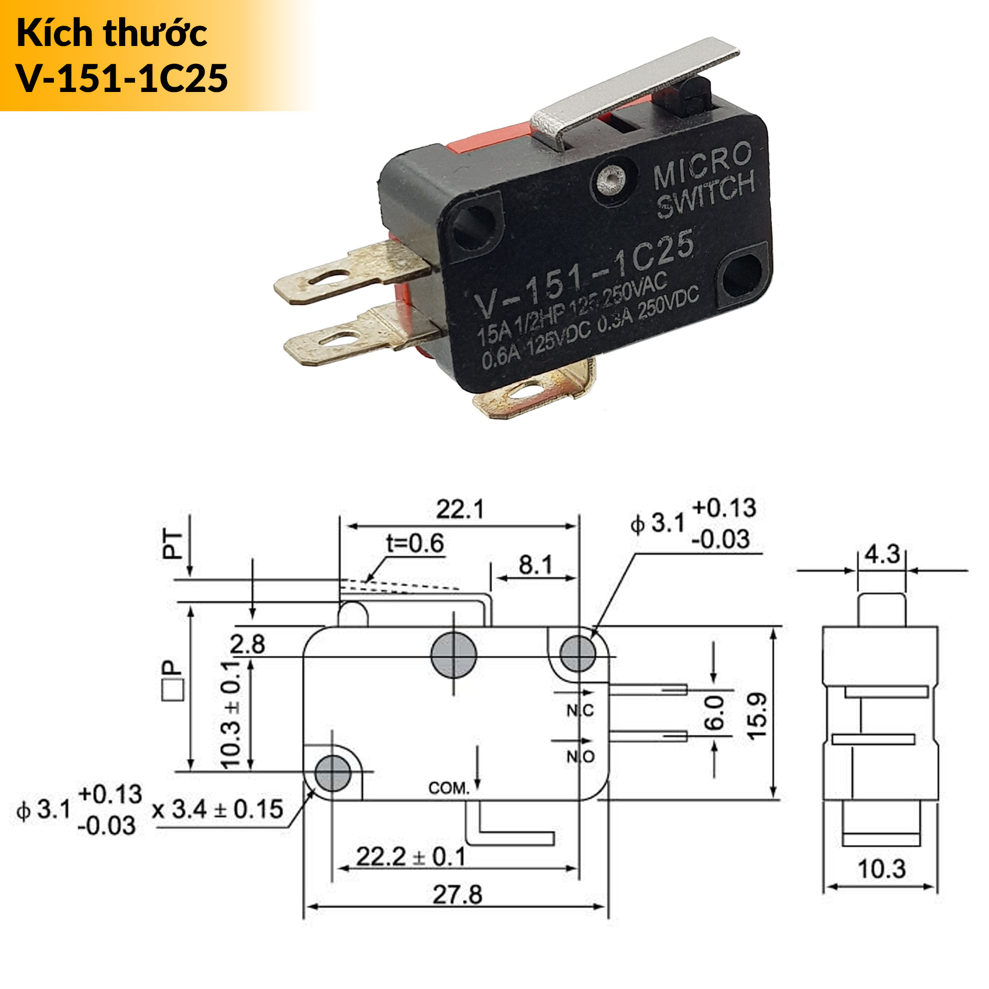 Kích thước công tắc hành trình Micro Switch loại tốt V-151-1C25