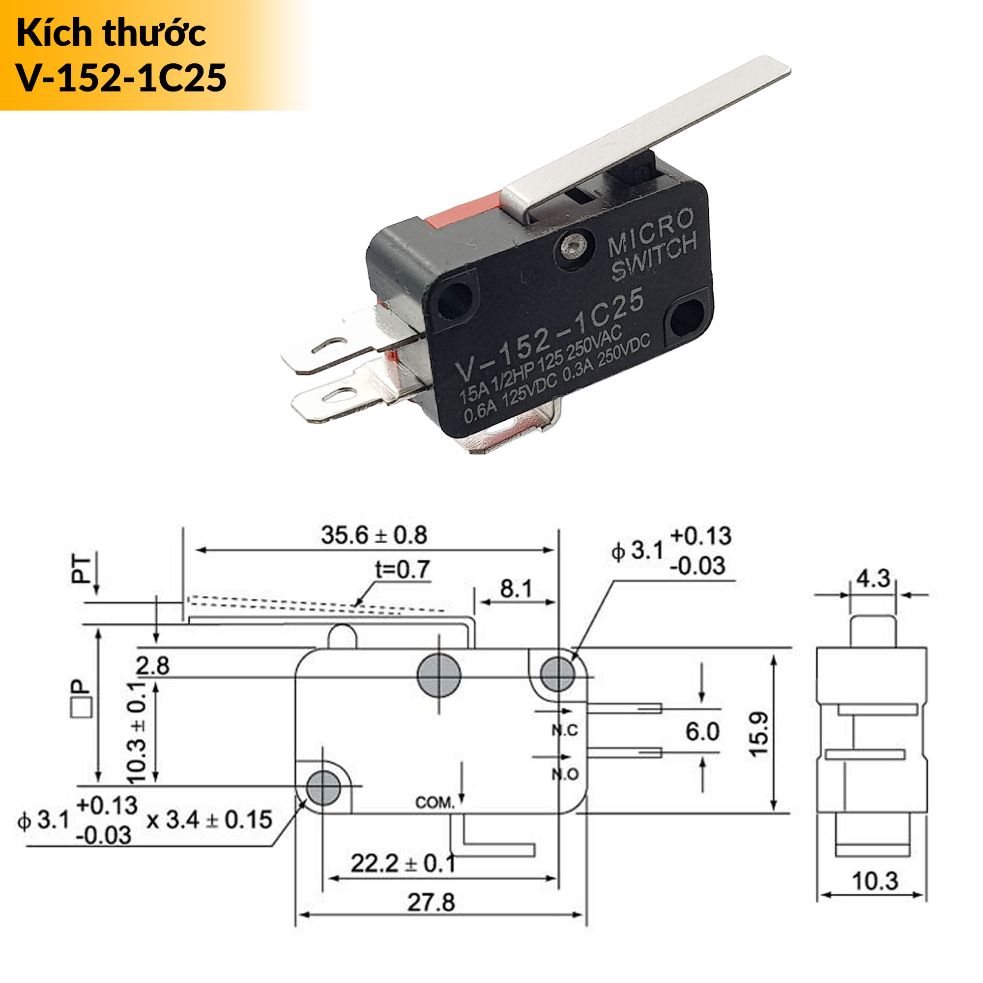 Kích thước công tắc hành trình Micro Switch loại tốt V-152-1C25