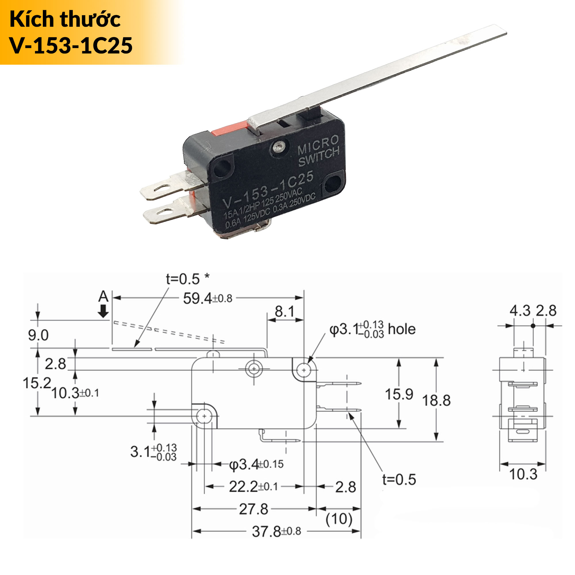 Kích thước Công tắc hành trình Micro Switch loại tốt V-153-1C25