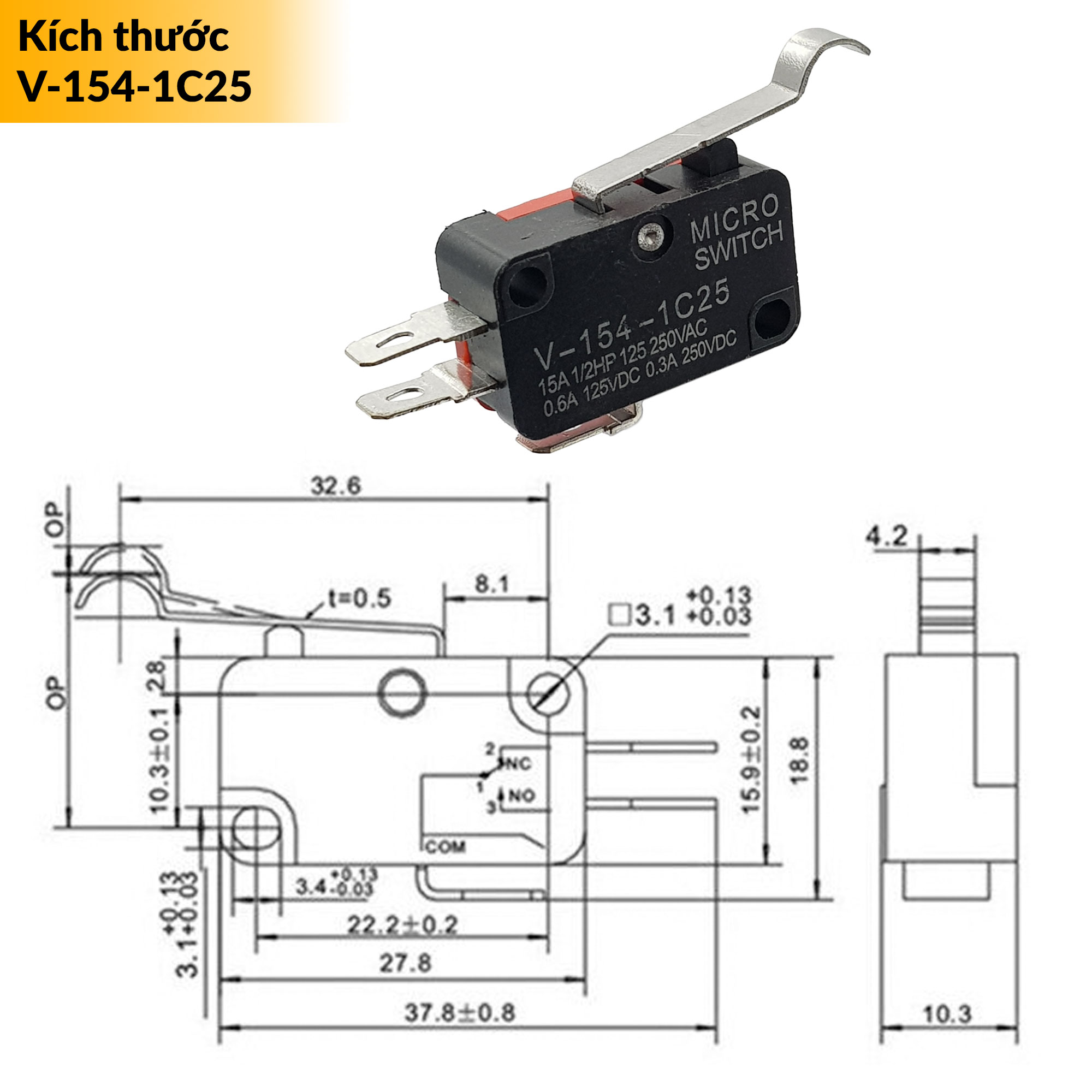 Kích thước Công tắc hành trình Micro Switch loại tốt V-154-1C25