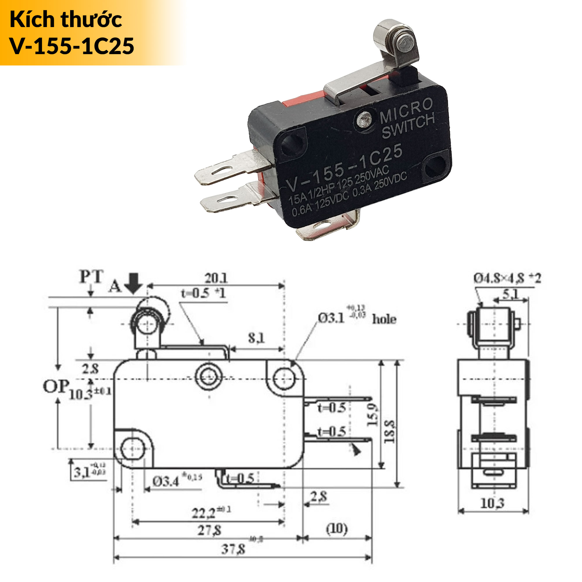 Kích thước Công tắc hành trình Micro Switch loại tốt V-155-1C25