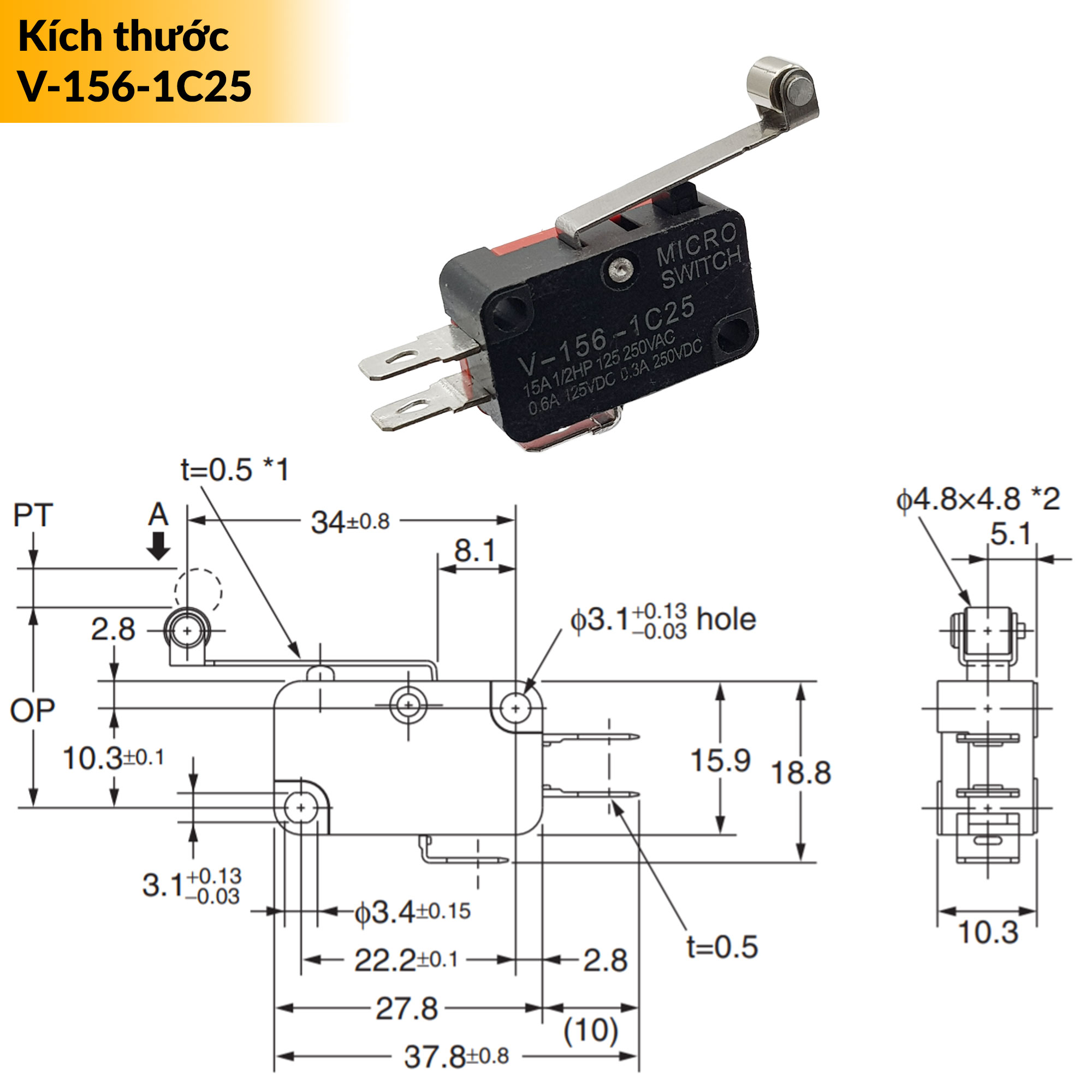 Kích thước Công tắc hành trình Micro Switch loại tốt V-156-1C25