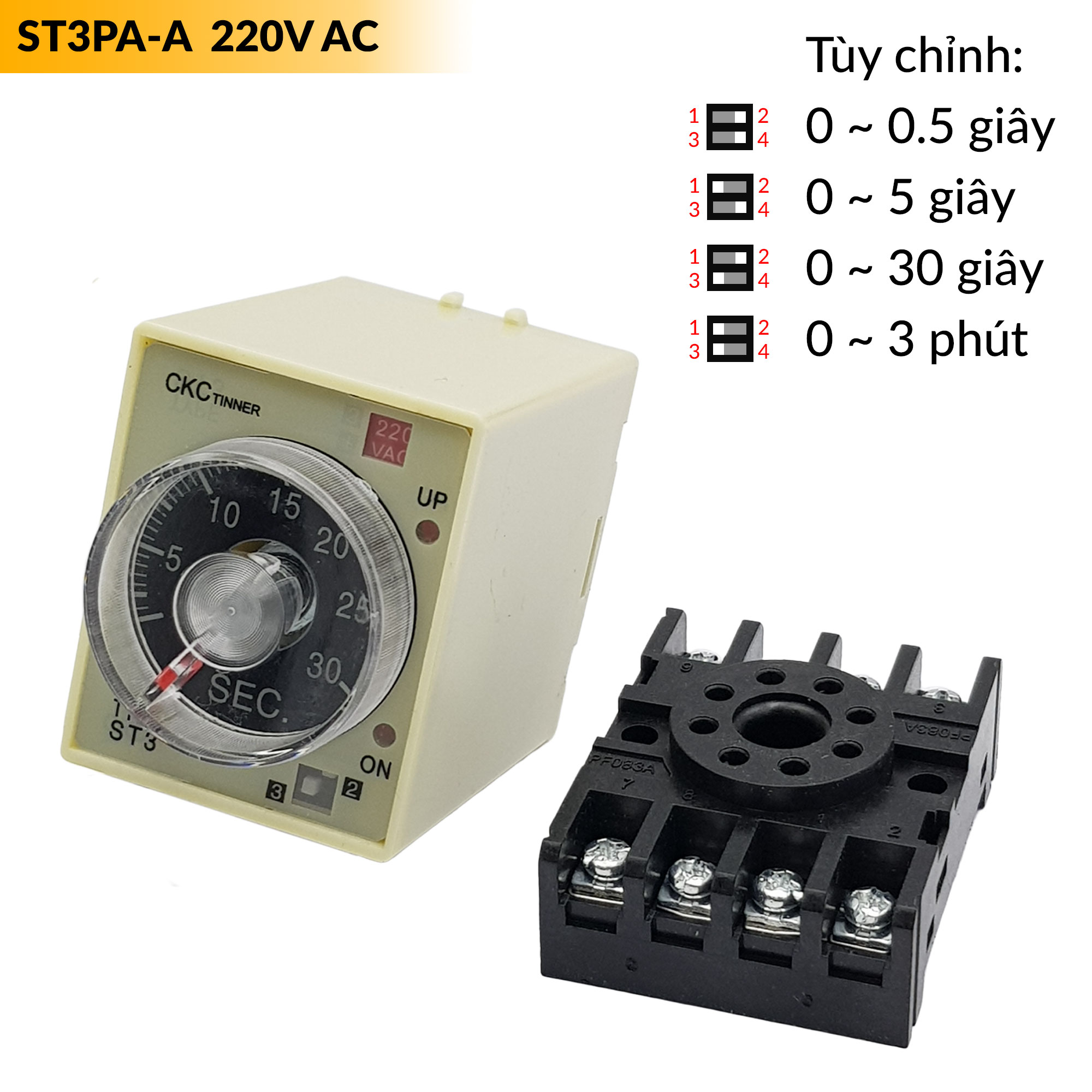 Relay thời gian timer đơn kèm đế ST3PA-A 220VAC