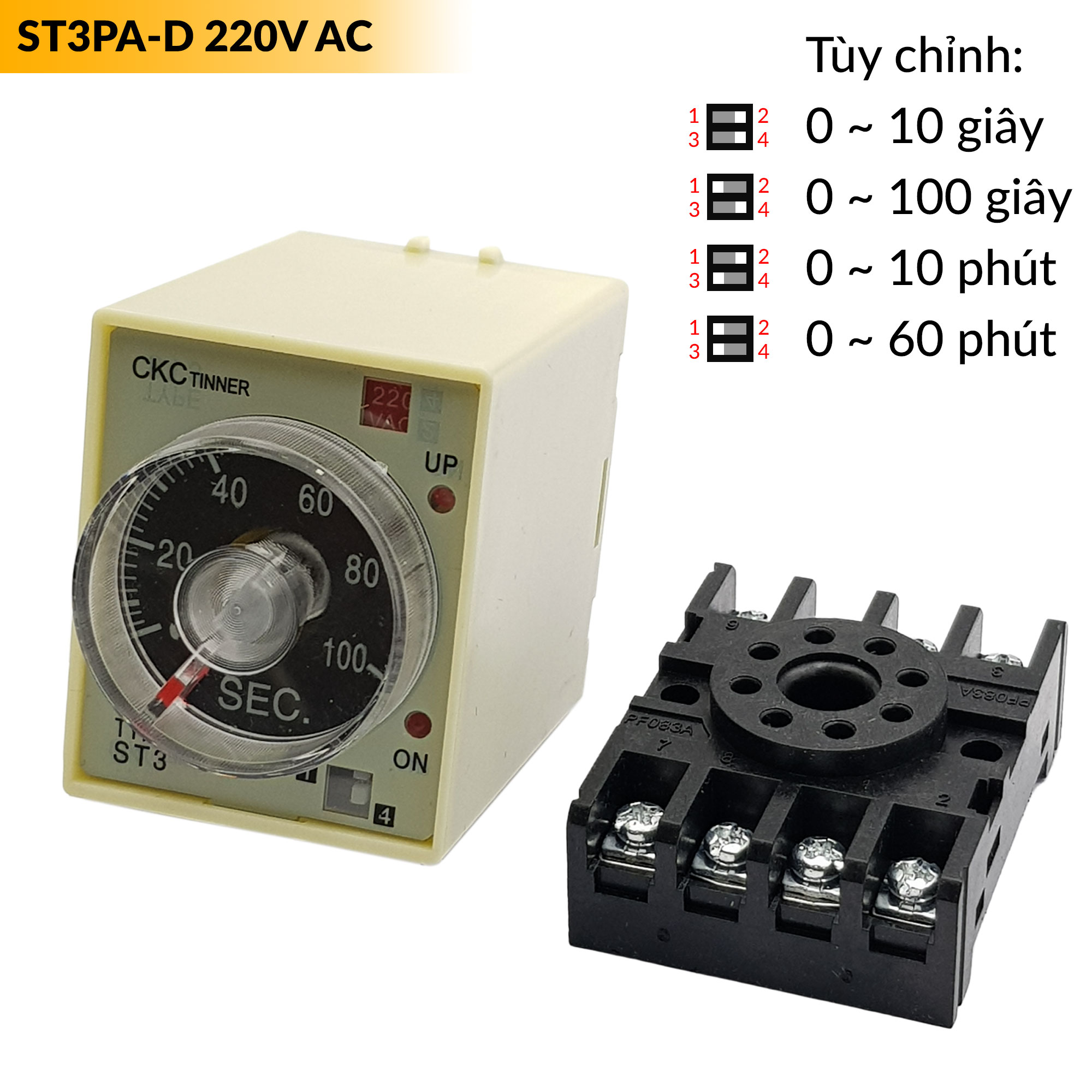 Relay thời gian timer đơn kèm đế ST3PA-D 220VAC