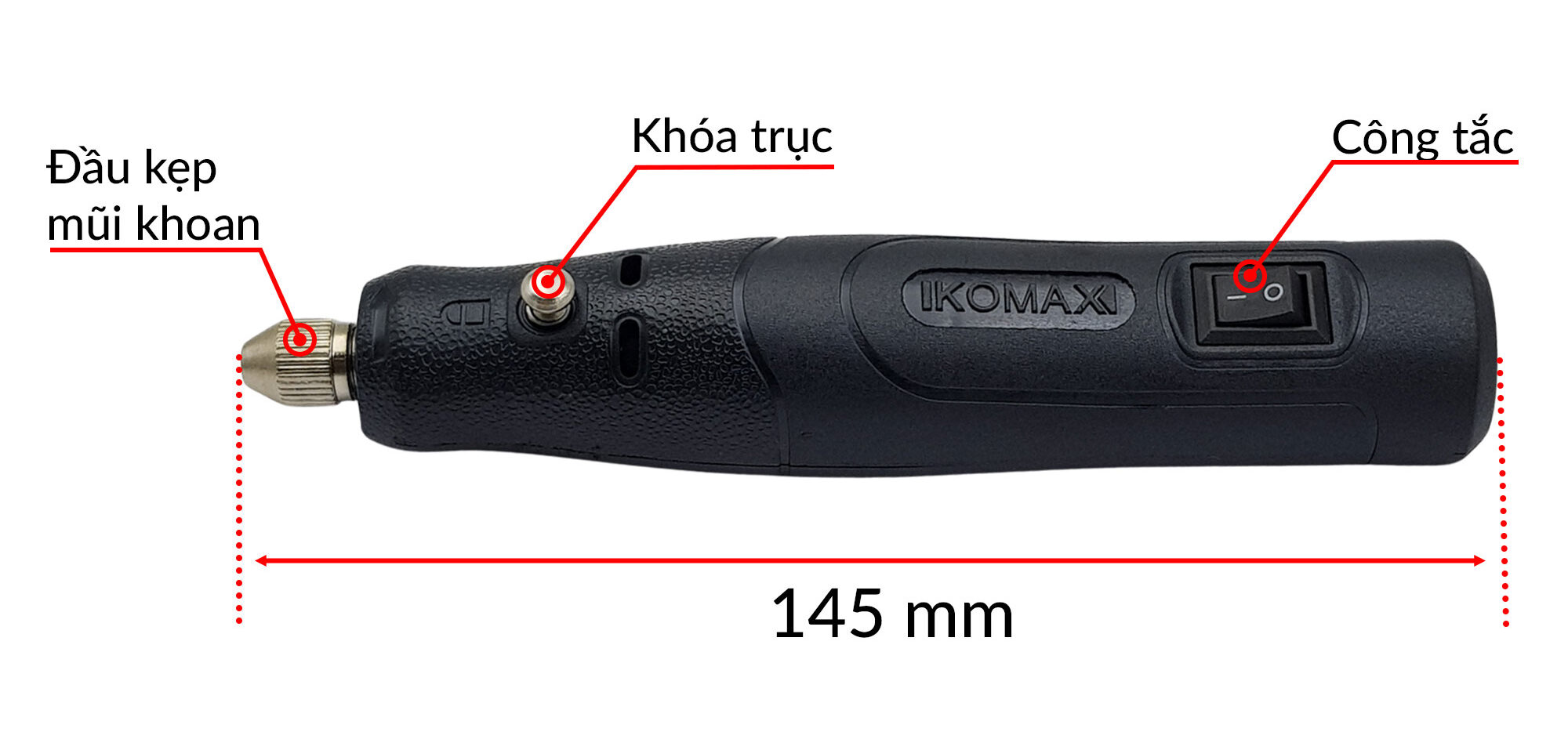 Kích thước máy mài khoan cắt mini cầm tay kèm nguồn KOMAX K30