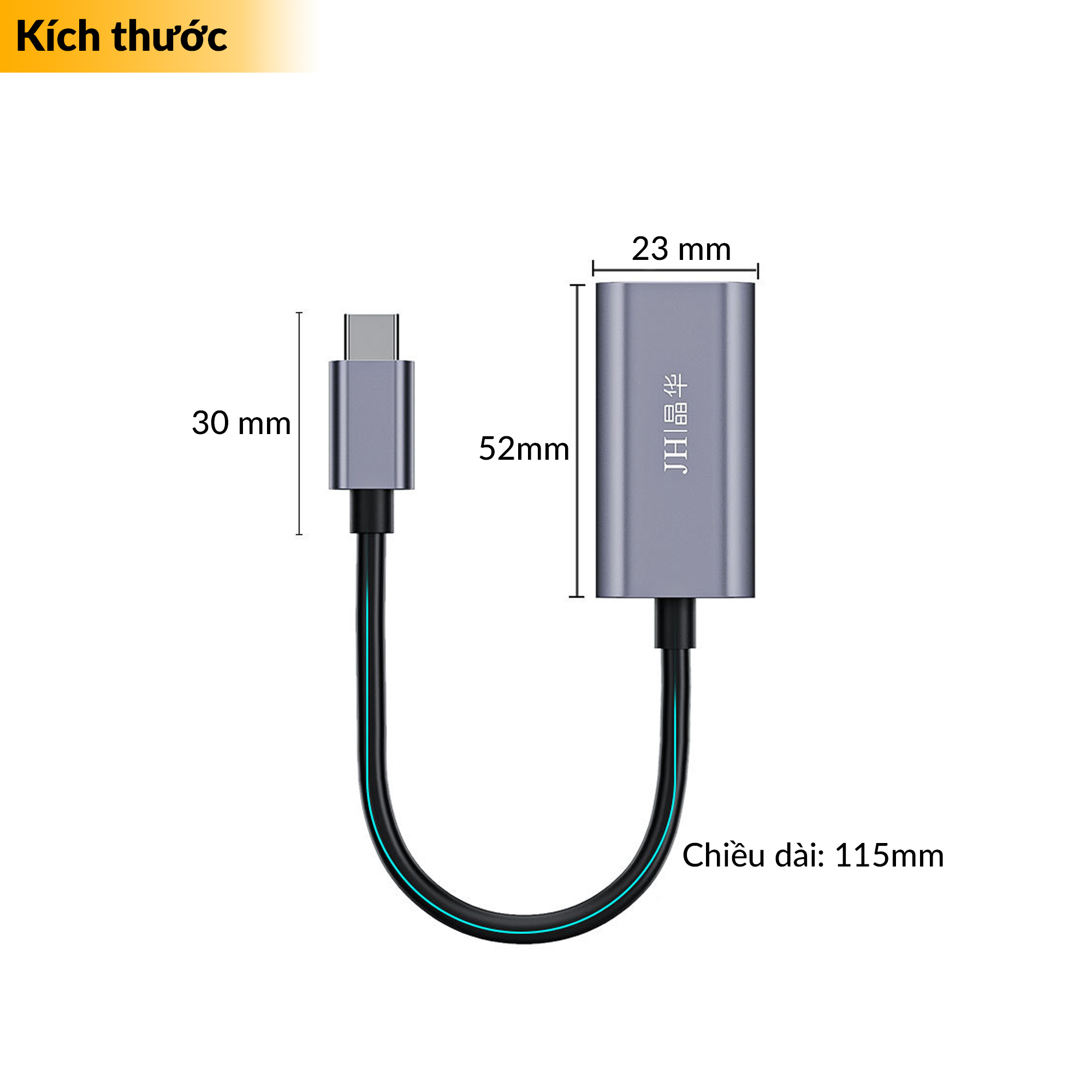 Kích thước cáp chuyển USB Type C sang HDMI 4K @30Hz