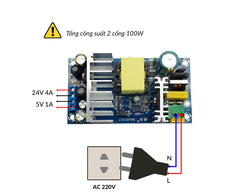 Module nguồn AC-DC 100W ngõ ra kép 24V 4A và 5V 1A - Nshop