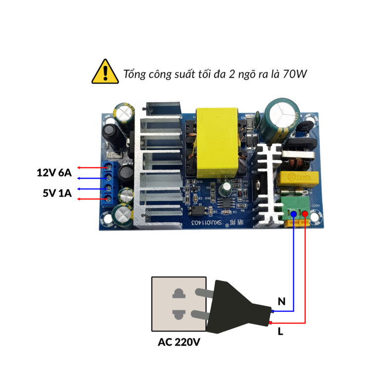 Module Nguồn AC-DC ngõ ra kép 70W 12V 6A / 5V 1A - Nshop